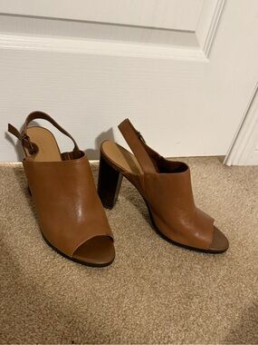 le chateau Tan Peep-Toe Slingback Block Heel Sandals